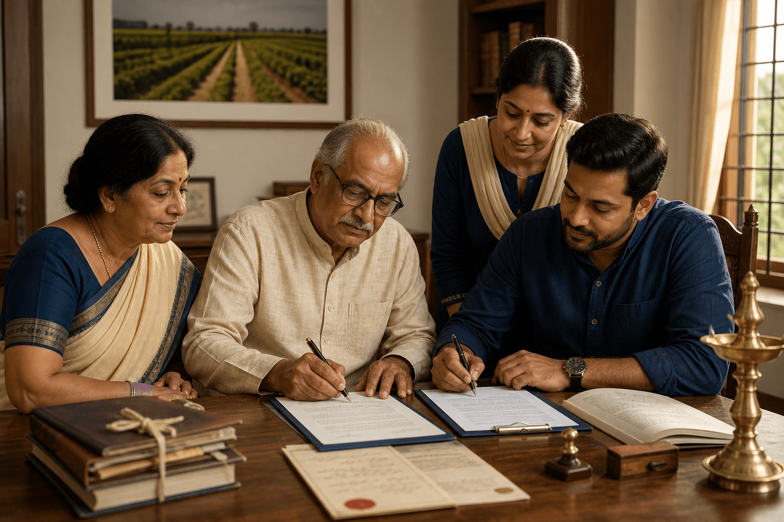 Parents and children reviewing a transfer document together